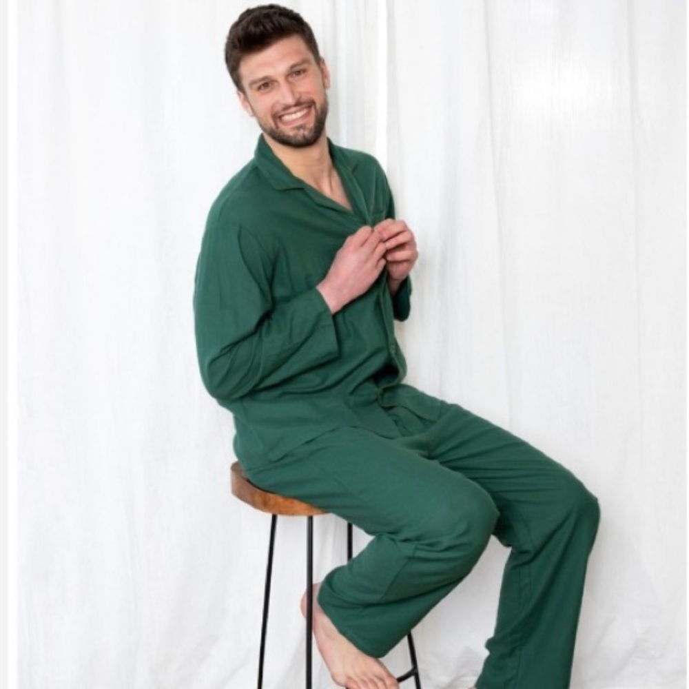 Leveret Mens Green Solid Color Flannel Pajamas